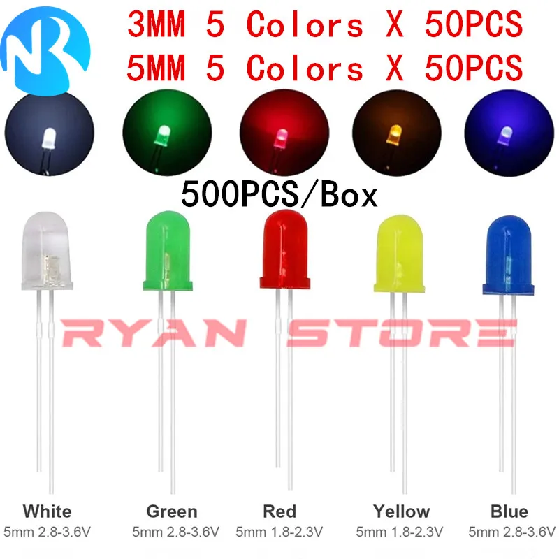 500 unids/caja luces LED surtido de diodos emisores 3MM 5MM Kit de diodos LED para electrónica DIY blanco rojo azul verde amarillo - imagen 3