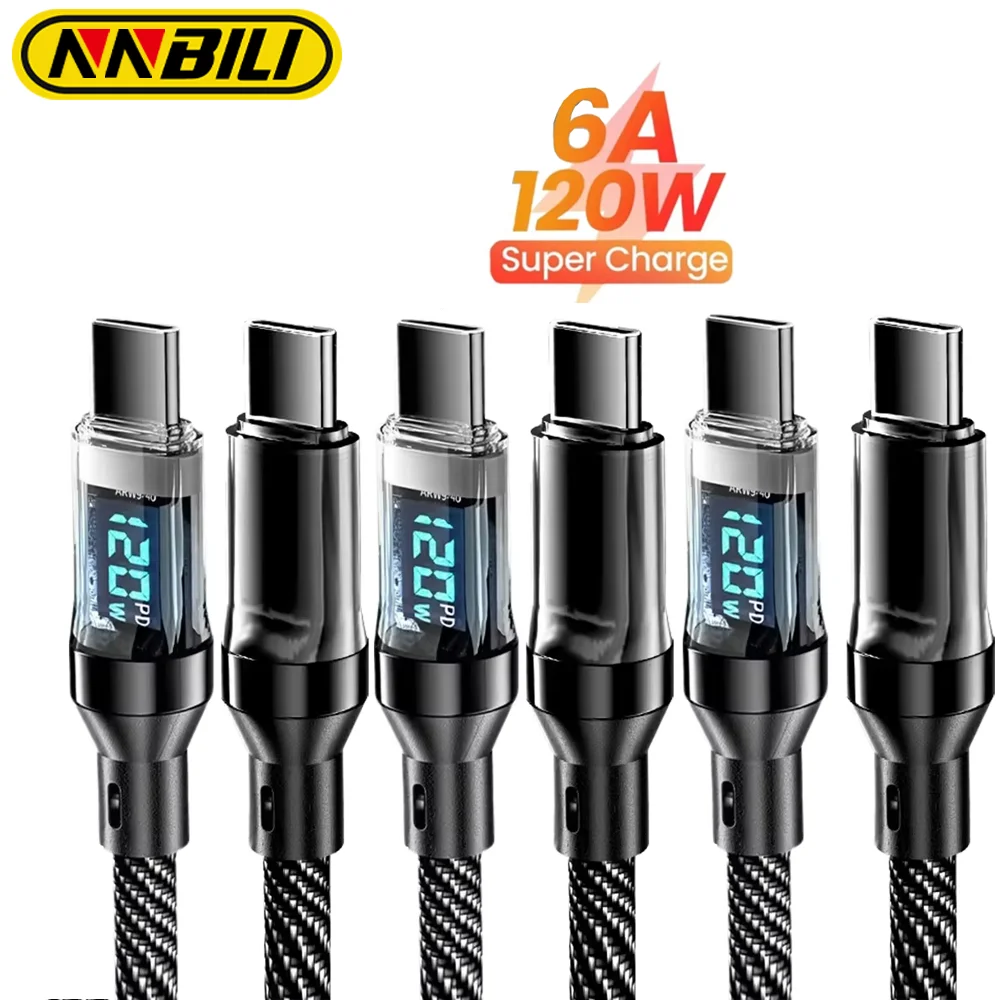 NNBILI 1-3 uds 120W tipo C a tipo C Cable de carga súper rápida para teléfono con pantalla LED Cable de datos para iphone 15 16 17 Huawei
