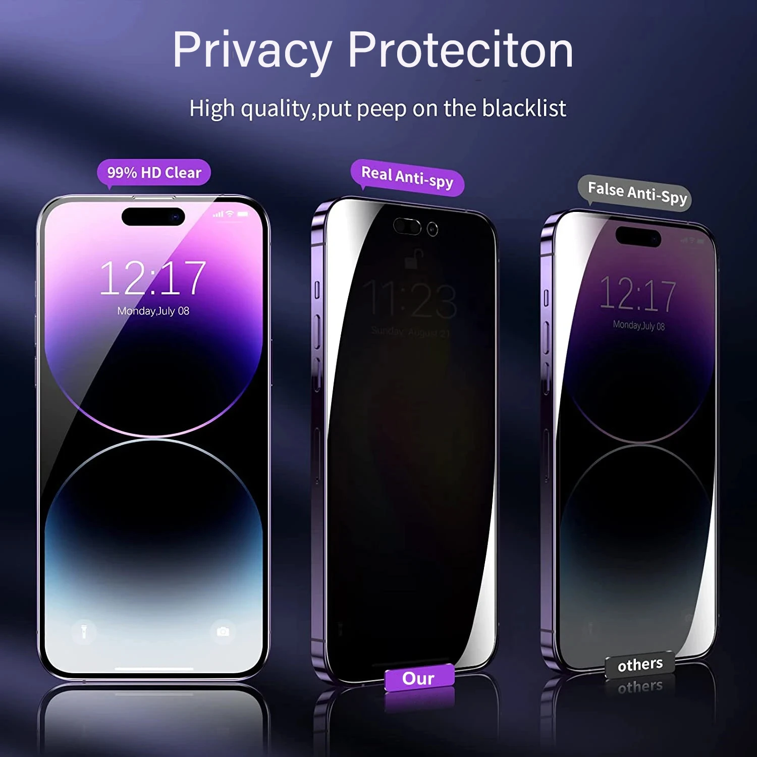 5 en 1 [2 vidrio púrpura + 3 tapas de lentes] Protector de pantalla de privacidad antiespía para iPhone 16 15 14 Plus 13 12 Mini Pro Max película templada - imagen 3