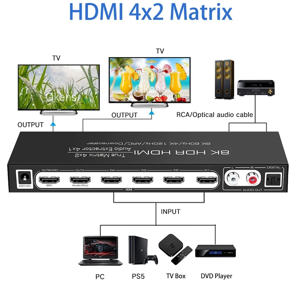 HDMI2.1 8K HDR HDMI Matrix 4x2 interruptor divisor 4k 120hz soporte Dolby Vision Atoms 4x1 Extractor de Audio ARC EDID PASS 2CH 5,1 canales - imagen 4
