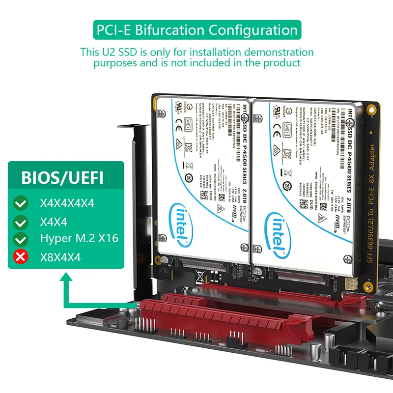 Adaptador Dual U.2 SSD a PCIE 4,0 X8, tarjeta de expansión U2 SFF-8639 a PCI Express 8X, placa base PCIe bifurcación VROC para Soft RAID - imagen 5