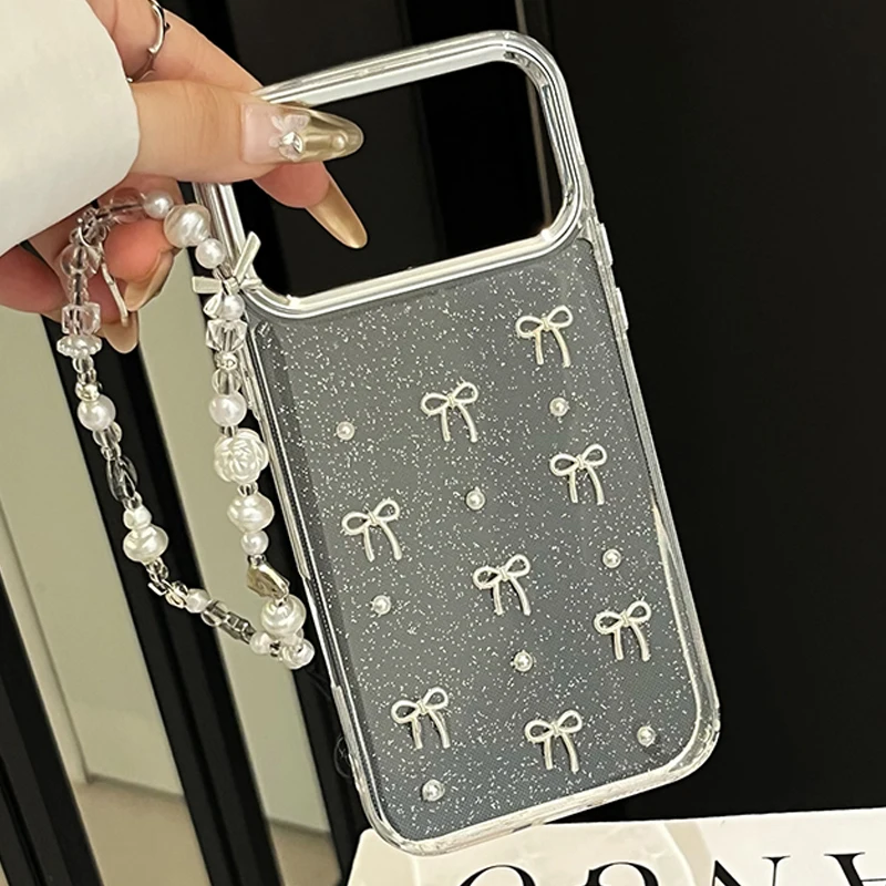 Funda de teléfono INS Glitter 3D con cuentas de lazo plateado para iPhone 17 16 15 14 13 12 11 Pro Max 7 8 Plus X XS XR cubierta de cadena de teléfono con cuentas