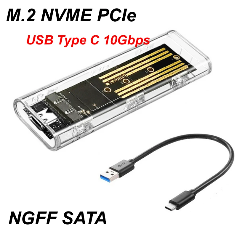 Caja M.2 NVME PCIe/NGFF SATA SSD, carcasa externa transparente, USB tipo C 3,1, 10Gbps, M2 B + M Key/M Key para caja de disco duro SSD de 4TB