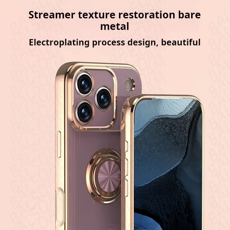 Funda suave con soporte de anillo de Metal de lujo para iPhone 17 Air 16 E 15 14 13 12 Mini 11 Pro Xs Max SE XR Plus, funda de silicona chapada - imagen 5
