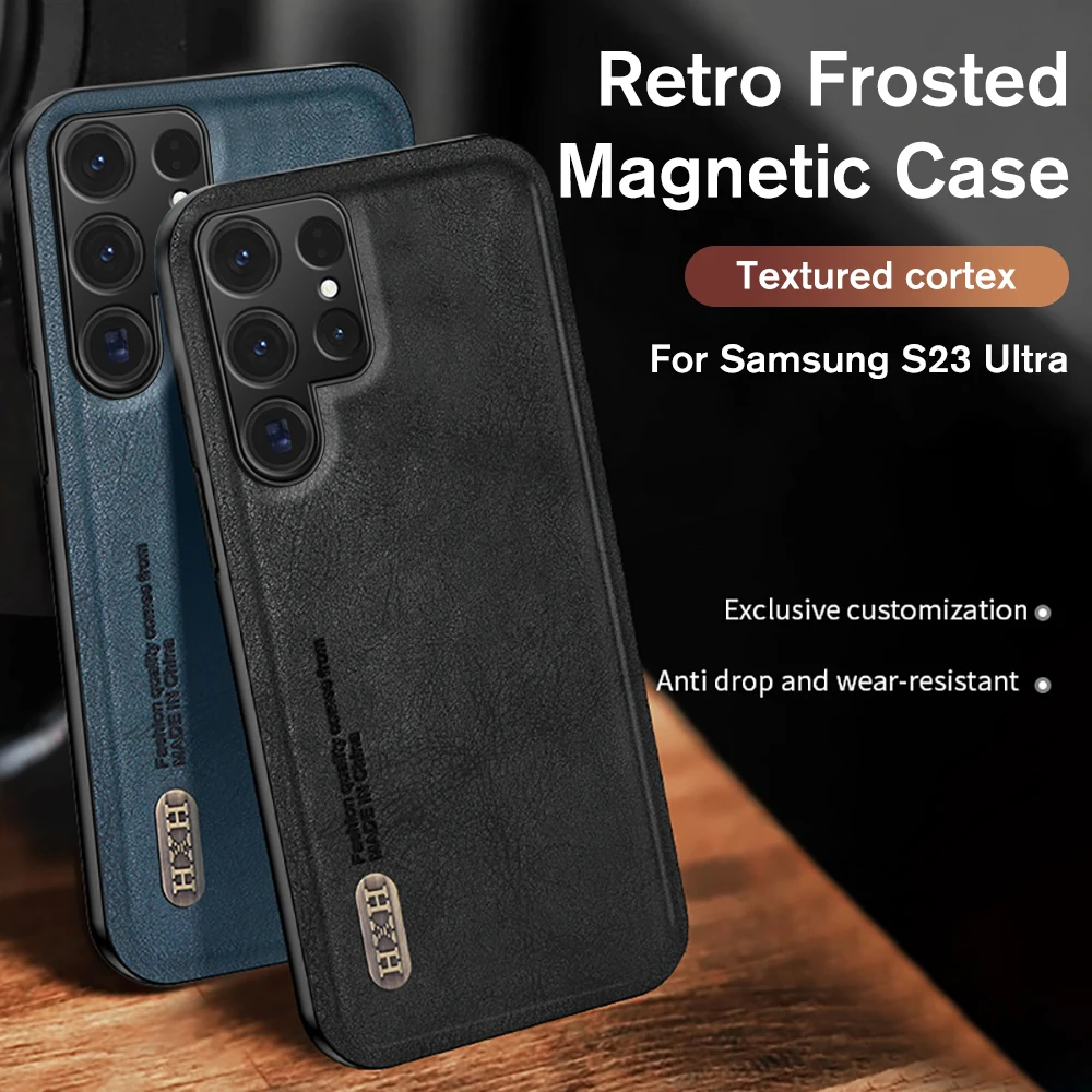 Funda de teléfono de cuero Retro esmerilada de lujo para Samsung Galaxy S23 Ultra, cubierta de succión magnética para coche, parachoques SamsungS23Ultra S23Ultra