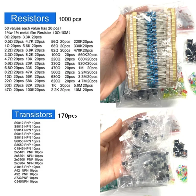 Kit de componentes electrónicos, condensadores comunes, resistencias, condensadores, T0-92, transistores LED, placa PCB, diodos DIP-IC RM065, 1818 Uds. - imagen 4
