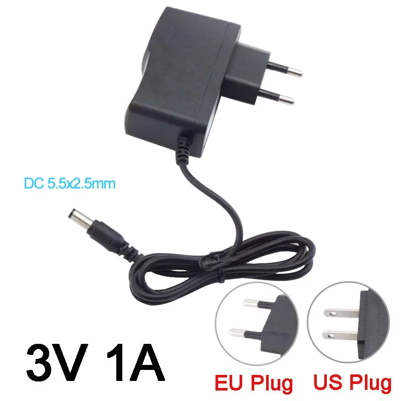 Adaptador de corriente 1A CA a CC, fuente de alimentación de 110-240V CC 3V, enchufe europeo y estadounidense para tira de luz LED, cámara CCTV, DC 5,5x2,5mm