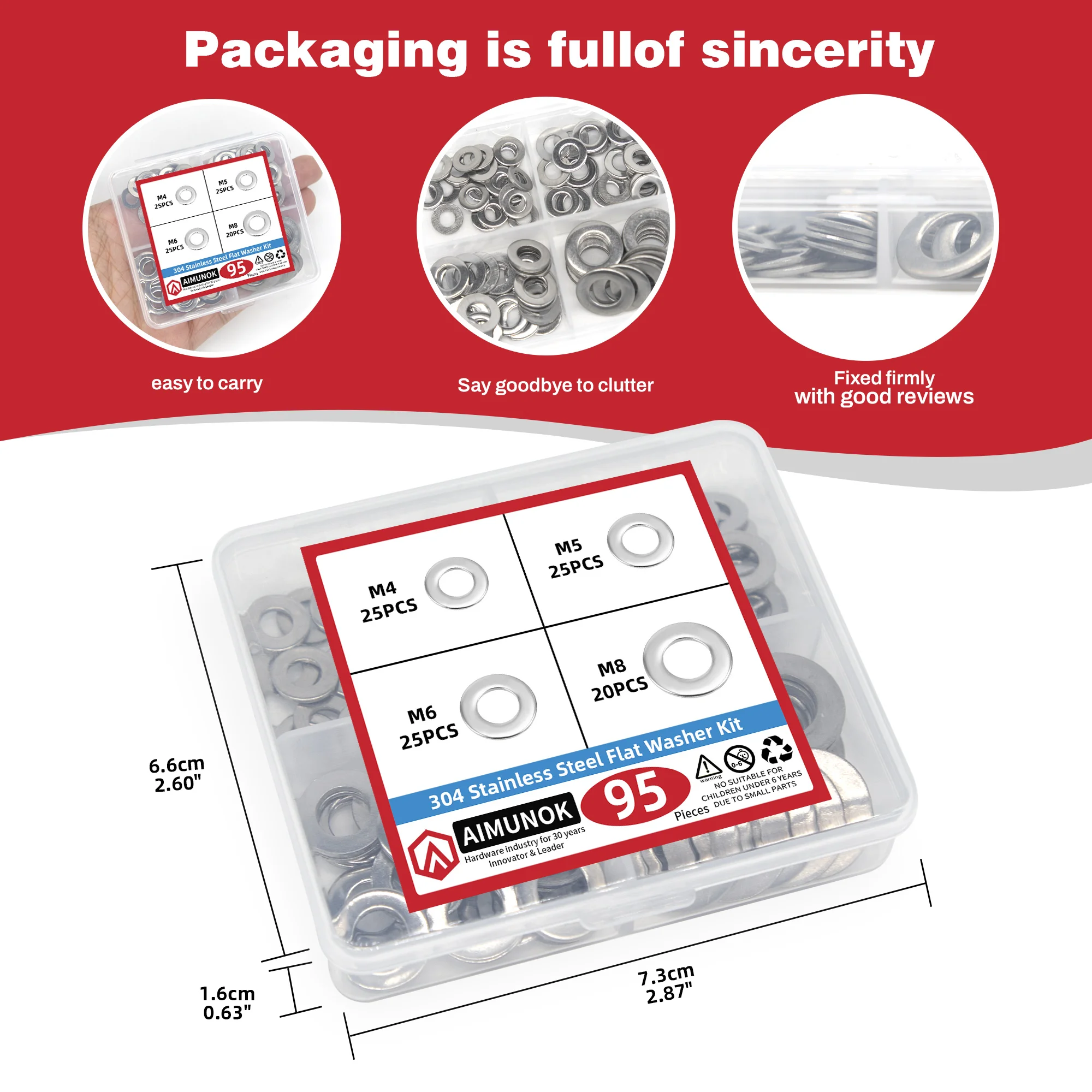 Kit de arandelas planas de acero inoxidable 304, 95 Uds., M4, M5, M6, M8, arandelas planas, anillos de junta plana, Hardware liso, arandelas de Metal - imagen 5
