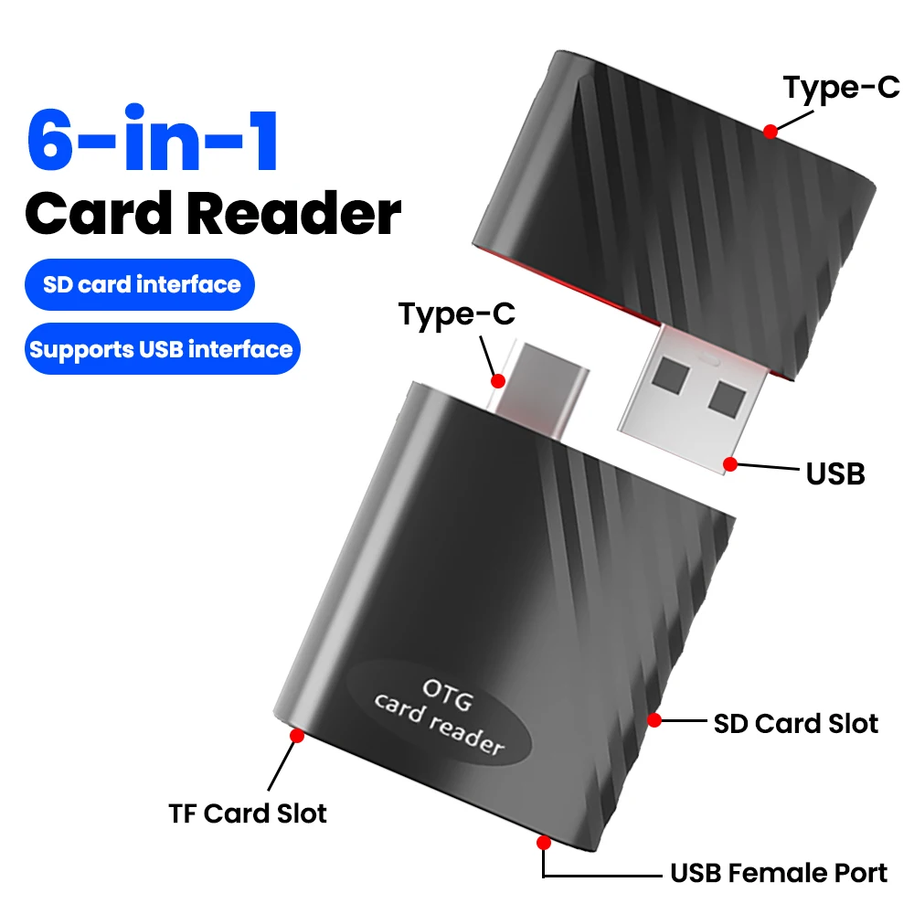 Lector de tarjetas multifuncional 6 en 1, adaptador OTG USB 2,0 a tarjetas TF/SD, adaptador de memoria de diseño combinado portátil para teléfono y portátil