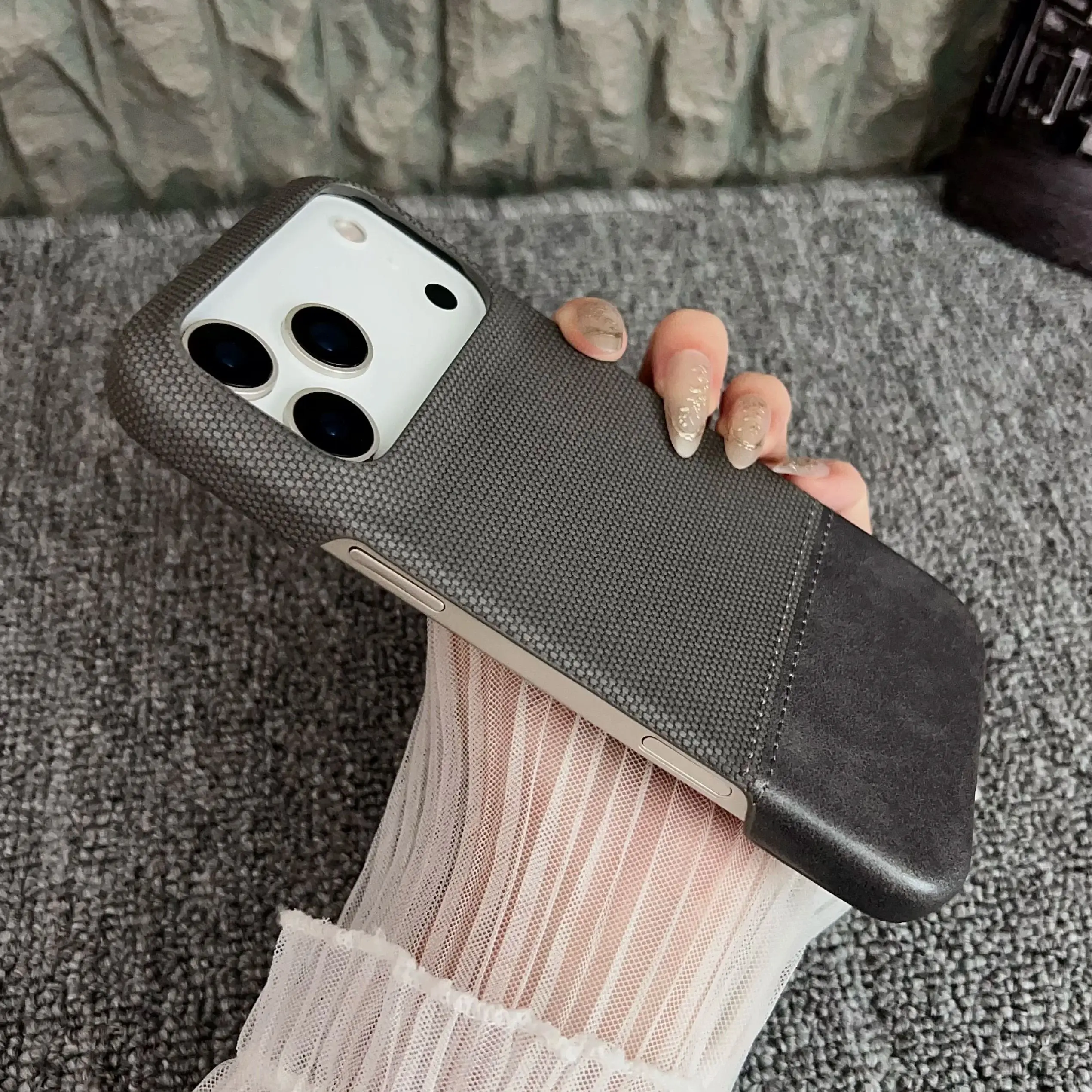 Funda delgada con textura de cuero de empalme de negocios para iPhone 17 Air 16 15 14 13 12 Pro Max Plus, cubierta sin marco de parachoques mate de tela - imagen 5