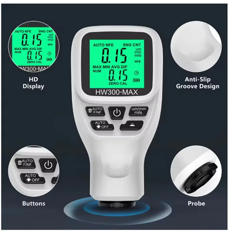 HW300-MAX 0,1 micras/0-2000um medidor de espesor de recubrimiento de coche probador de espesor de película de pintura herramienta de medición medidor de recubrimiento Fe & NFe - imagen 3