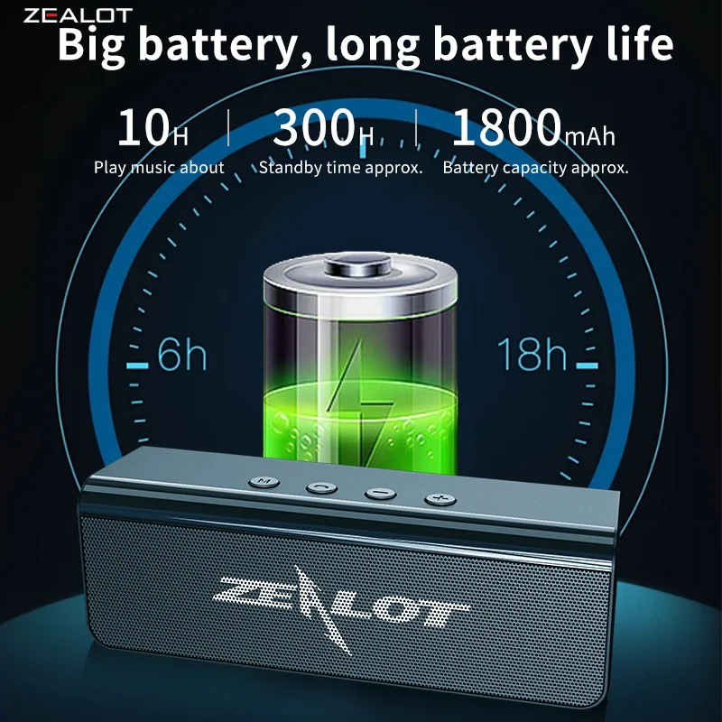 Zealot-altavoz inalámbrico portátil para exteriores, Subwoofer, TWS, batería de 1800mAh, estéreo fuerte, graves potentes Cable de carga, - imagen 3