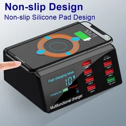 Cargador USB 100W de 8 Puertos con PD, QC3.0 y Carga Inalámbrica