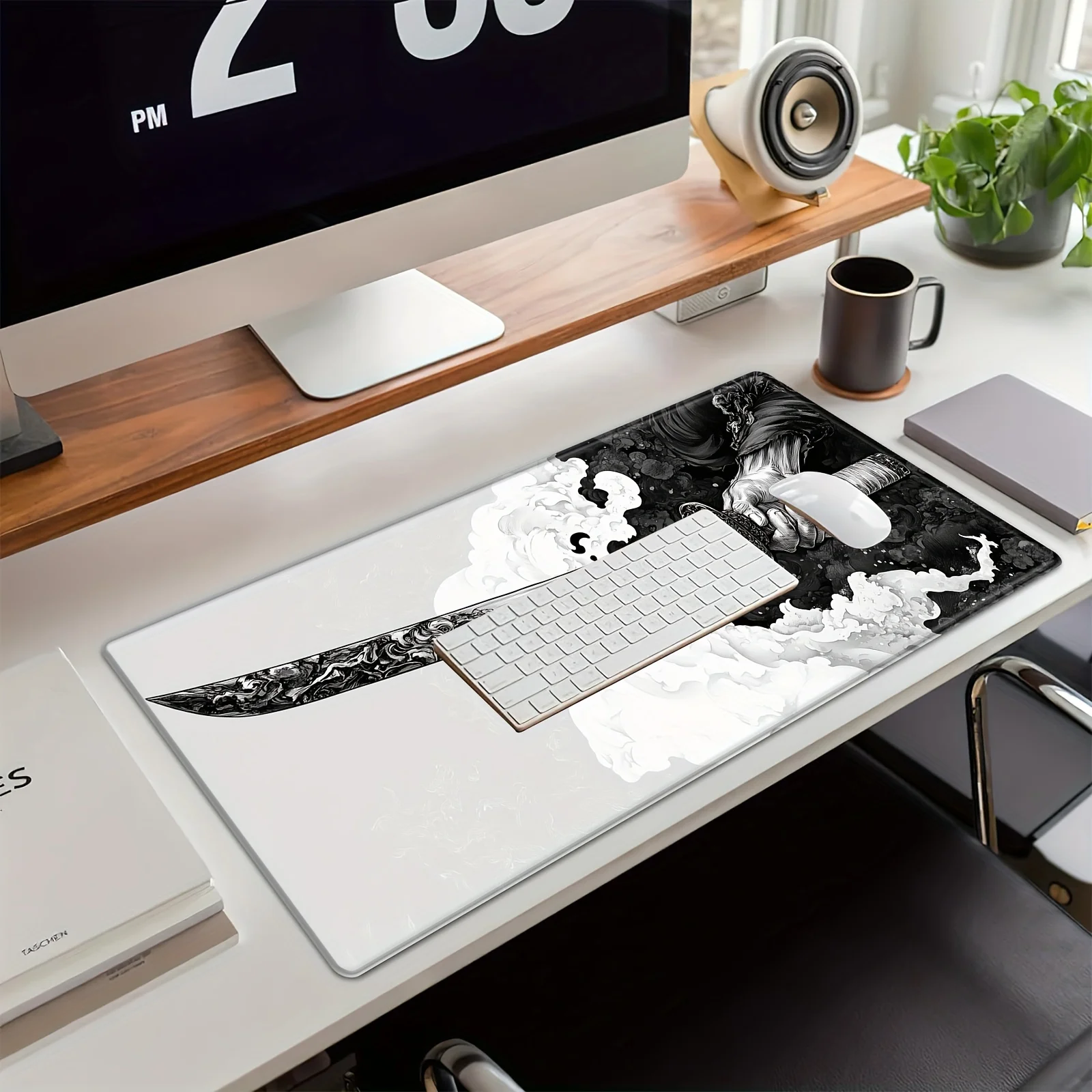 Alfombrilla de ratón para juegos extendida, 900x400x3MM, diseño de espada samurái japonesa, bordes cosidos Extra grandes, accesorios de escritorio de goma antideslizantes - imagen 2