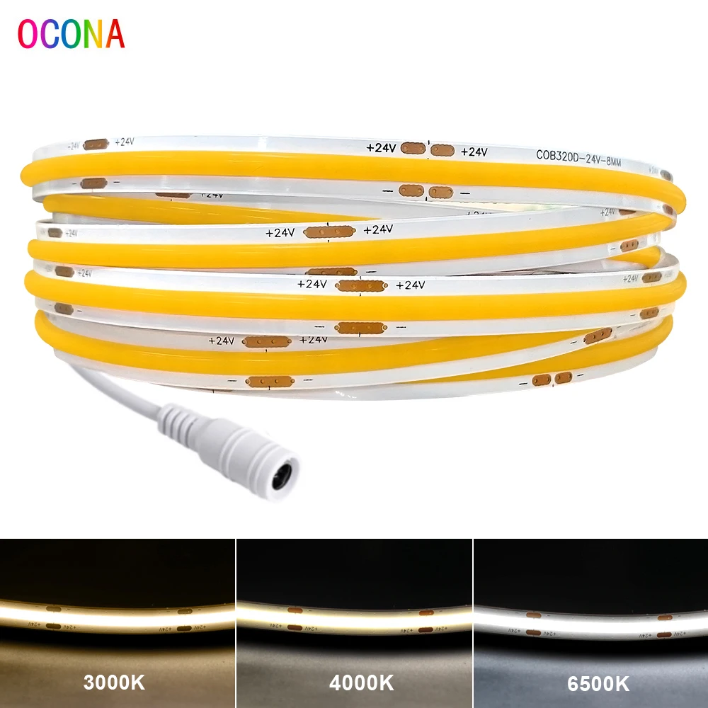 Tira de luces LED COB para decoración del hogar, 8mm DC 24V, alto CRI Ra 90, cinta de luz cálida, blanca, fría, roja, azul, lineal regulable