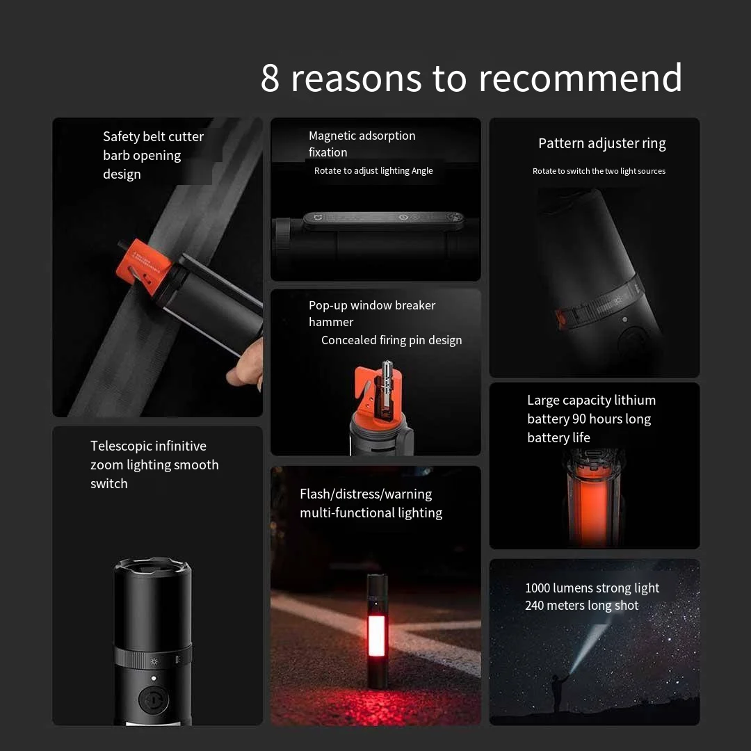 Mijia-linterna multifuncional con zoom, linterna ultrabrillante, interruptor de ventana, cortador de cinturón de seguridad, luz LED de emergencia para coche Xiaomi - imagen 4