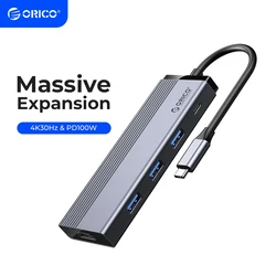 ORICO Hub USB-C 5 en 1: HDMI, RJ45, 3.0 y PD 100W para MacBook Pro