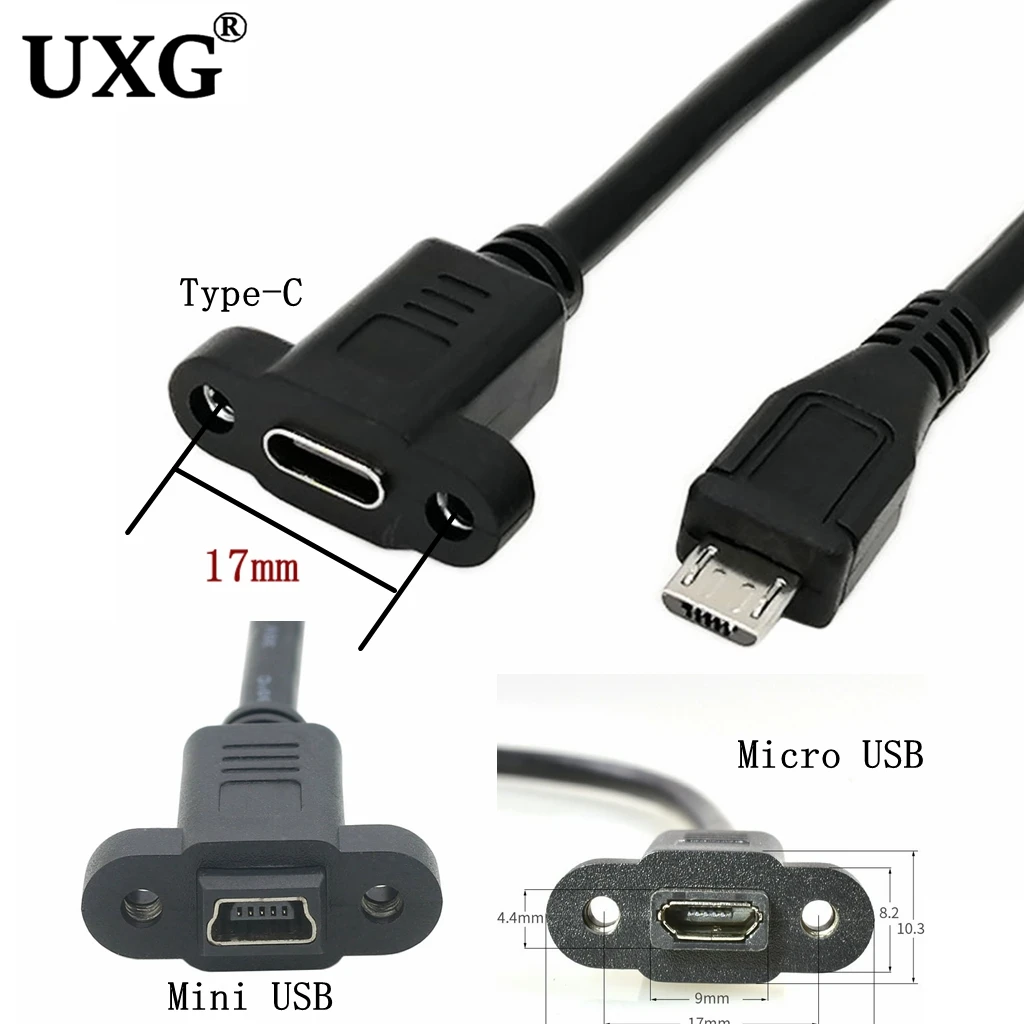 Conector macho Micro USB 2,0 tipo a Mini USB tipo c, Cable de extensión hembra de 5 pines, paso de 17mm con tornillos, orificio de montaje en Panel