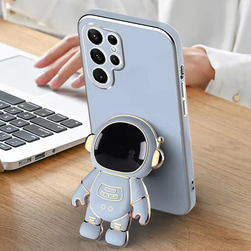 Funda de silicona Ultra suave para teléfono Samsung S23 Ultra 3D con dibujos de astronauta y soporte chapado para Galaxy S21FE S21 S20 Plus S20 - imagen 4