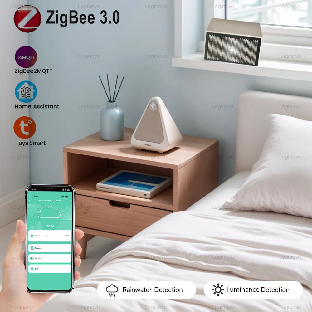 Sensor de lluvia Zigbee, Detector de luz de iluminancia, detección de gotas de lluvia alimentada por batería para asistente doméstico, Smart Life Tuya, Hub requerido