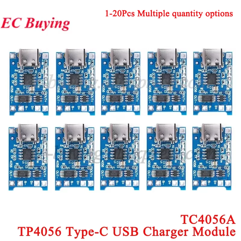 20 piezas/1 unidad tipo C USB 5V 1A 18650 TP4056 módulo de cargador de batería de litio placa de carga con protección funciones duales Li-ion
