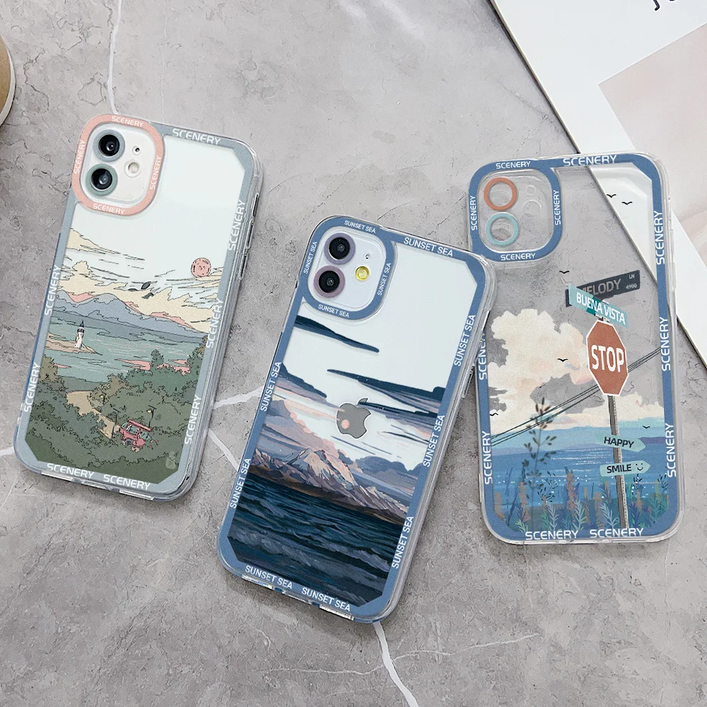 Funda de teléfono con paisaje para iPhone, carcasa trasera de silicona TPU para modelos 11, 13, 14 Pro Max, 15, XR, 12, X, Xs, 7, 8 Plus, SE 2020, 13 Mini, 13Pro Max - imagen 3
