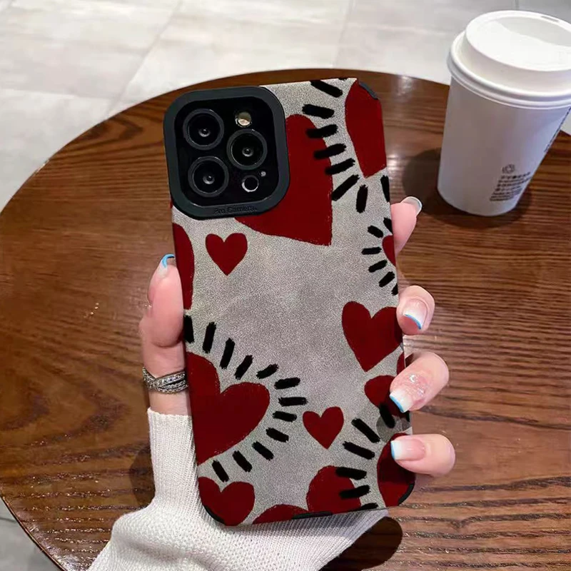 Funda de silicona de cuero gris con corazón de amor rojo para Samsung Galaxy S22 S21 A54 5G A34 A53 A51 A52 A23 A32 A31 A71 A72 A73 A14 A13 A12
