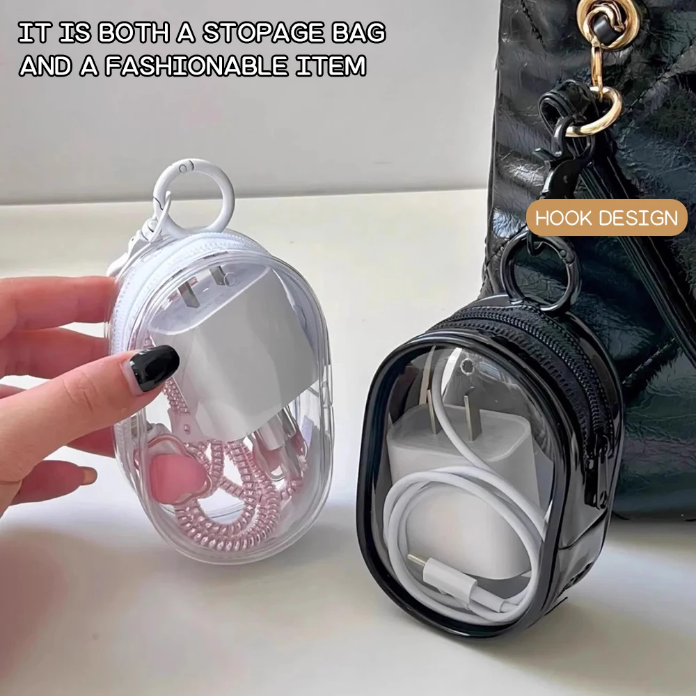 Mini bolsa de almacenamiento de Cable de carga transparente portátil con cremallera, funda multifuncional para auriculares, accesorios de viaje con llavero - imagen 4