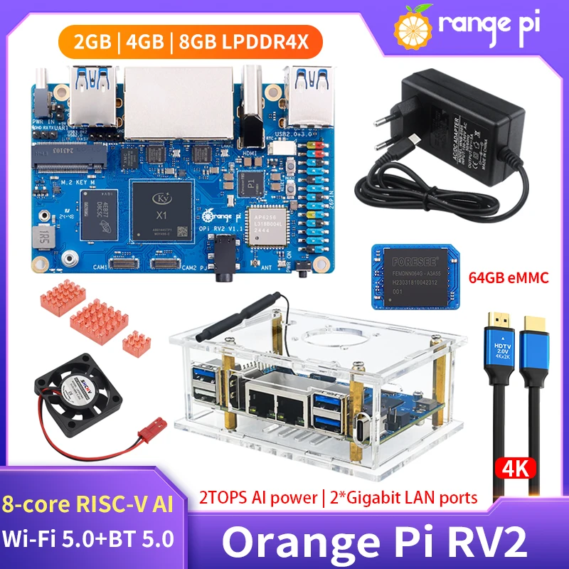 Orange Pi RV2 2GB 4GB 8GB RAM LPDDR4 8-Core RISC-V 2TOPS AI CPU ordenador de placa única WiFi BT5.0 BLE M2 PCIE SSD Mini PC