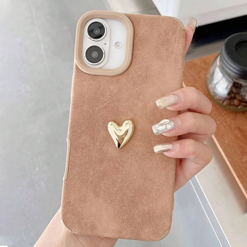 Funda de teléfono móvil marrón clásico con forma de corazón de amor dorado para iPhone 17 Air 16 15 14 13 12 11 Pro Max 7 8 Plus X XS XR funda suave - imagen 5