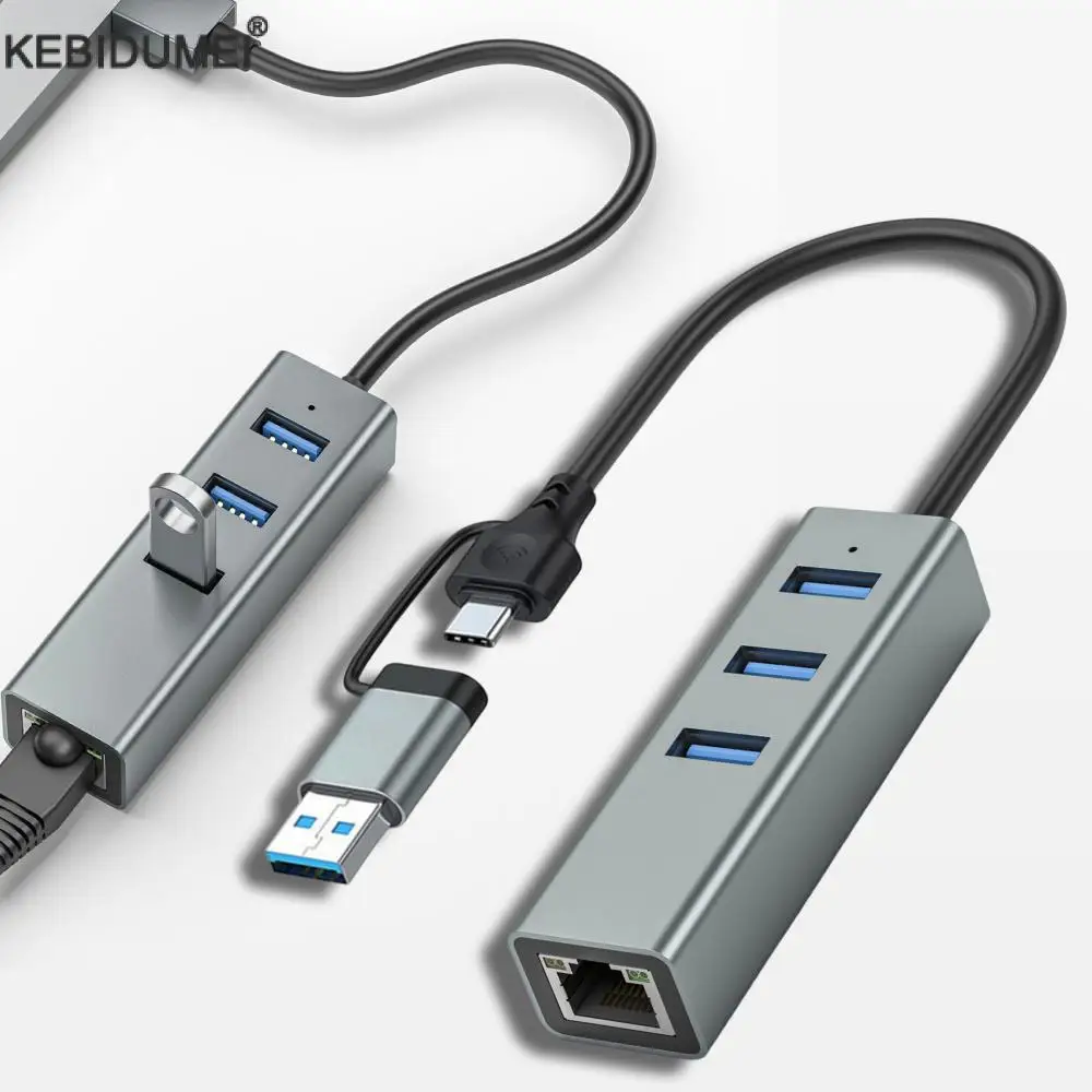 USB C HUB 1000Mbps 3 puertos USB 3,0 tipo C HUB USB a Rj45 Gigabit Ethernet adaptador estación de acoplamiento para MacBook ordenador portátil
