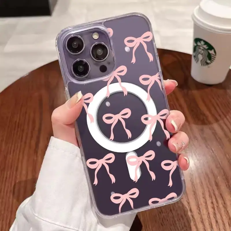Funda Magsafe con lazo de flores y carga inalámbrica magnética para iPhone 16 15 14 13 12 11 Pro XS XR Max Mini Plus transparente de lujo - imagen 3