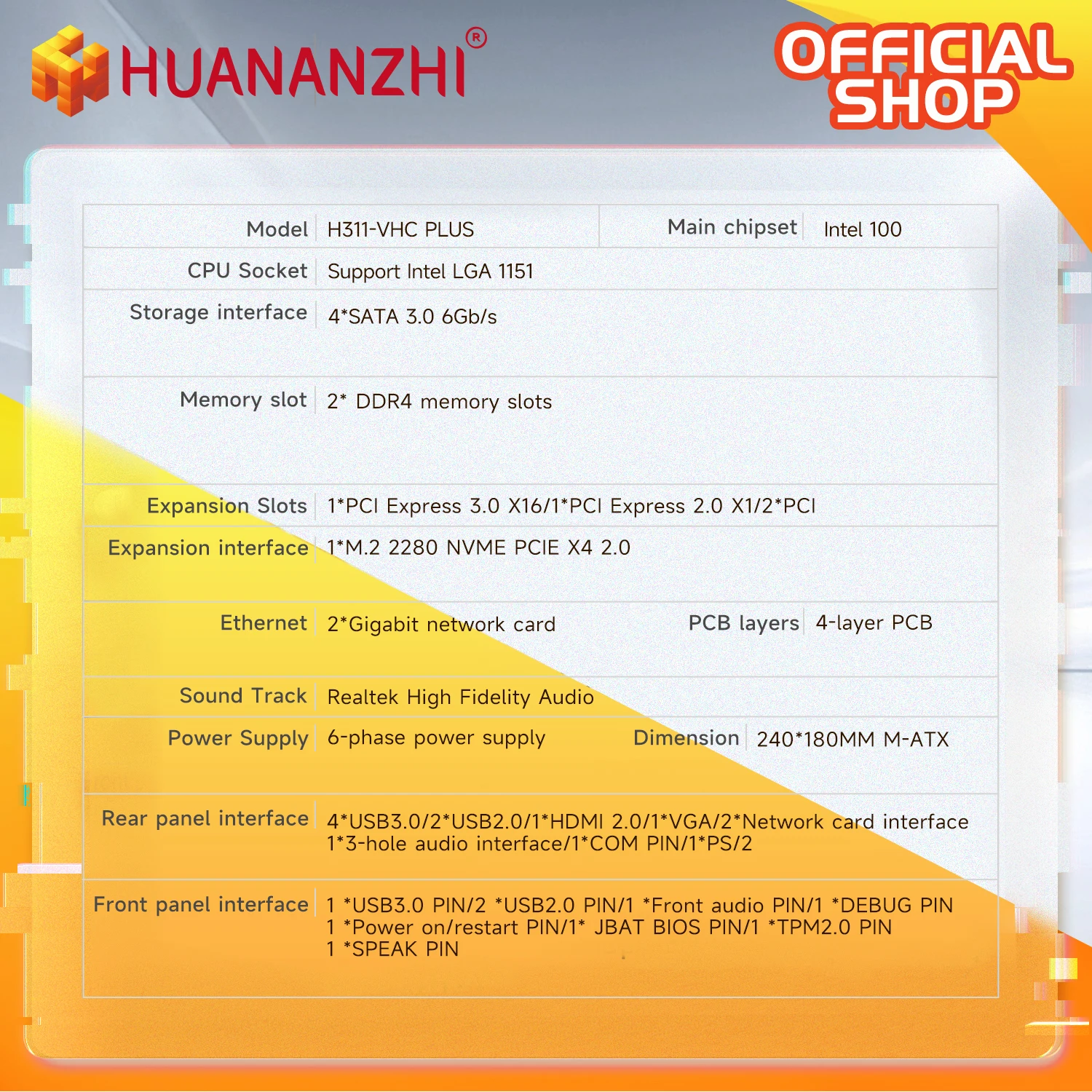 HUANANZHI-placa base H311 VHC PLUS, Intel LGA 1151, compatible con 6/7/8/9 generación DDR4 2133/2400/2666MHz, 32GB, M.2, SATA3, USB3.0, VGA - imagen 2