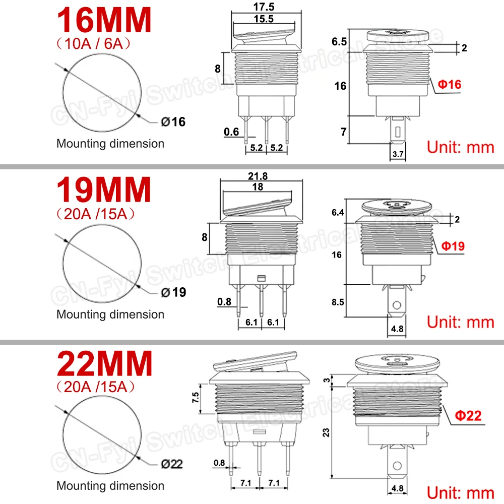 Interruptor basculante de botón de Metal de 16/19/22mm, acero inoxidable, 12V, 20A, autobloqueo, dos posiciones, interruptores de palanca para coche, ON-OFF, 220V, 15A, 3 pines - imagen 3