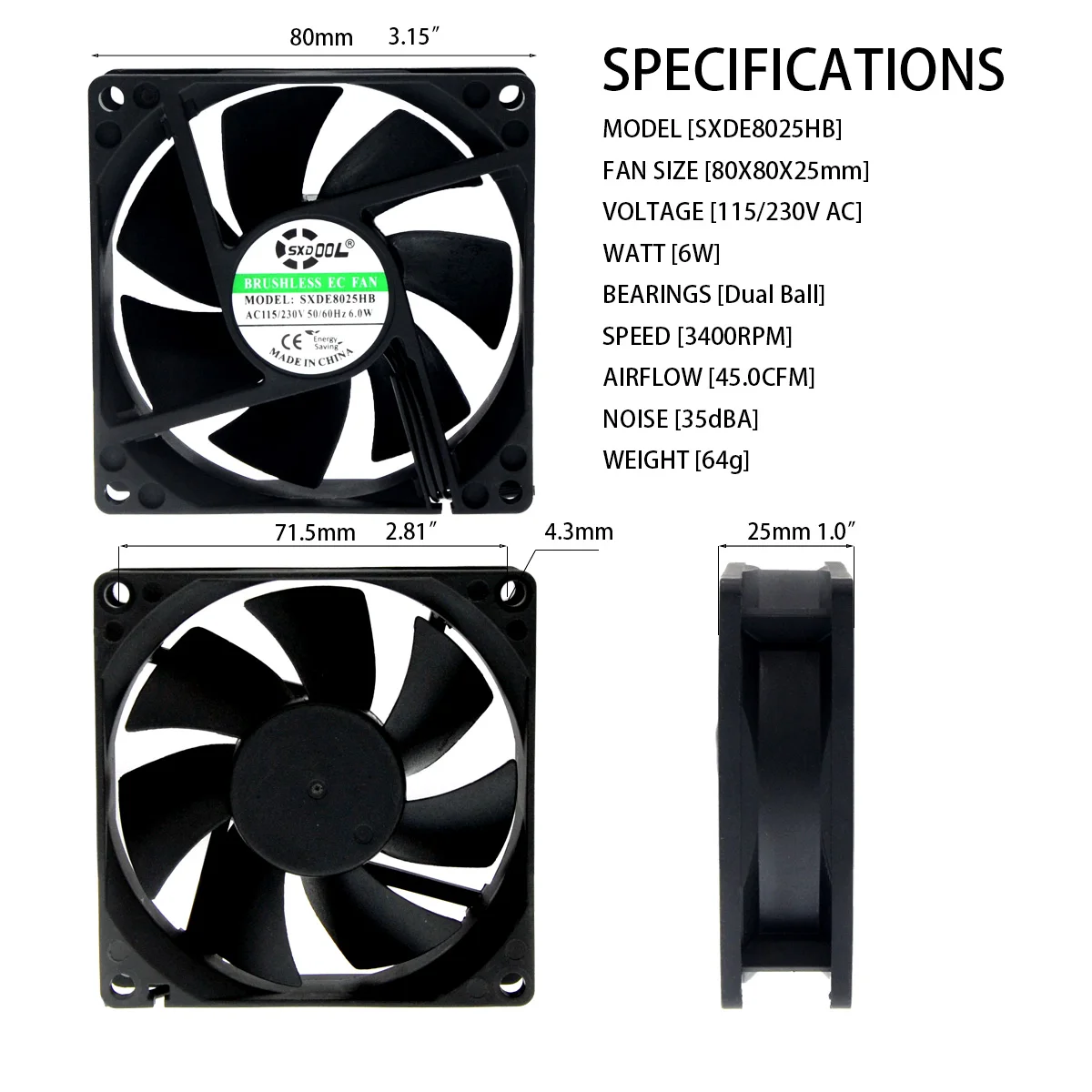 SXDOOL-ventilador Axial EC de 80mm, 80x80x25mm, 8cm, CA 115V, 230V, 50/60Hz, 3000RPM, 36.5CFM, flujo de aire de alta velocidad, potente ventilador de refrigeración - imagen 4