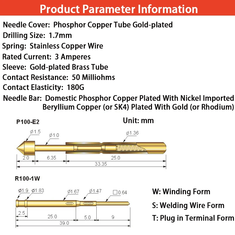 YUXI 10PC bolsa Pin de prueba de resorte P100-A2 A3 B D2 D3 E3 H2 H3 H4 H5 J Q1 Q2 LM2 M3 diámetro exterior 1,36mm longitud 33,5mm para sonda PCB - imagen 4