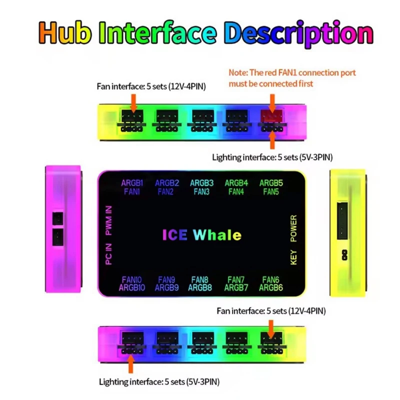 HUB ICE Whale C10 ARGB/PWM con controlador ARGB Adaptador HUB de ventilador 2 en 1