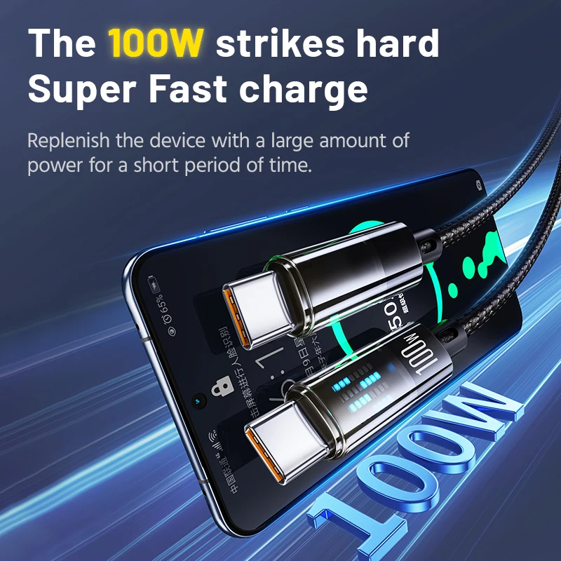 Cable de datos de carga súper rápida de 100W 6A tipo C a tipo C Cable trenzado con indicador LED para Samsung OnePlus Xiaomi OPPO Huawei - imagen 2