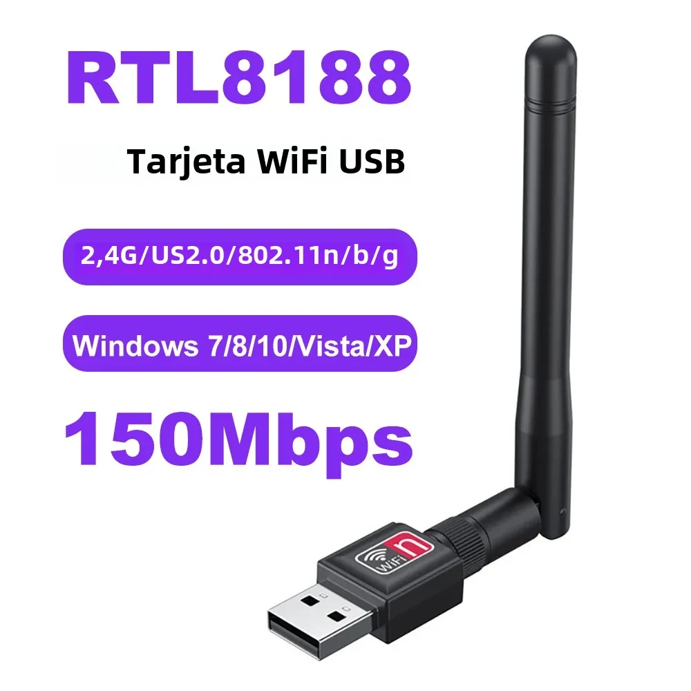 Adaptador USB WiFi de 150Mbps, Dongle Wi-Fi de 2,4G, antena de ganancia de 5dBi, receptor de tarjeta inalámbrico de alta velocidad USB2.0 802.11b/g/n para PC/portátil