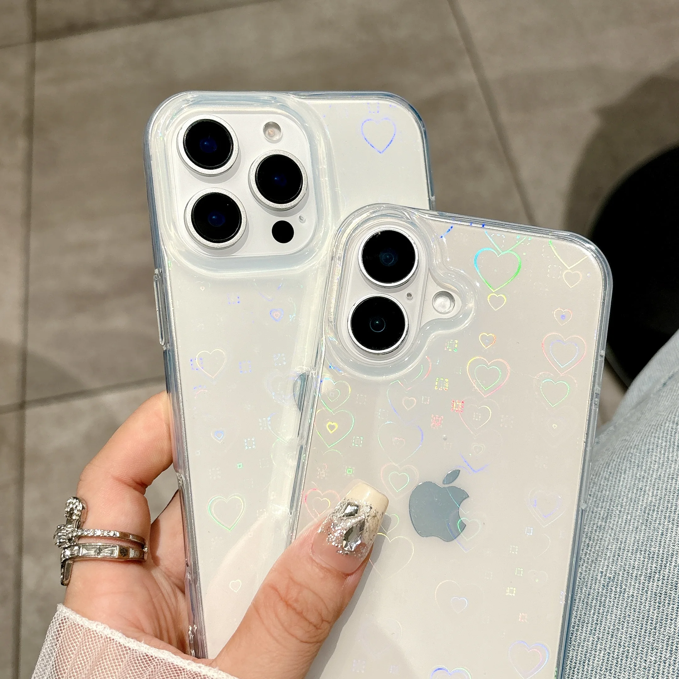 Funda transparente holográfica con forma de corazón de amor para iPhone 16 15 14 13 12 Mini 11 Pro X XS XR Max 8 7 Plus SE, funda de silicona a prueba de golpes - imagen 4