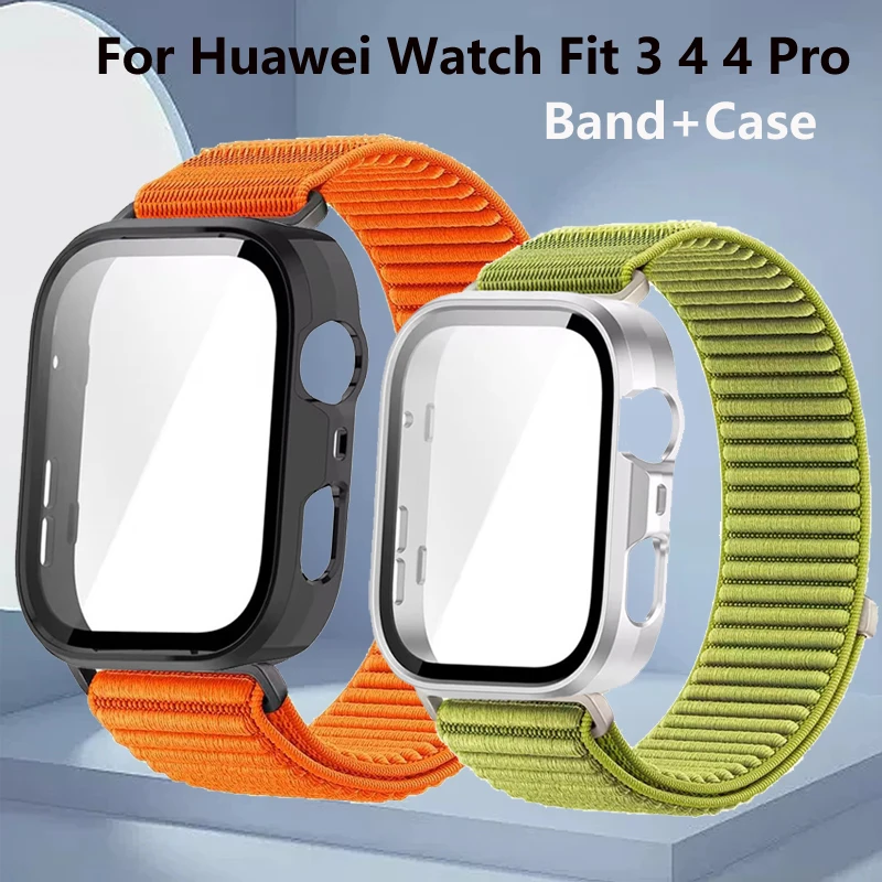 Funda de cristal + bucle de nailon de campo para Huawei Watch Fit 4 4Pro, pulsera deportiva para Huawei Watch Fit 3, funda protectora de pantalla