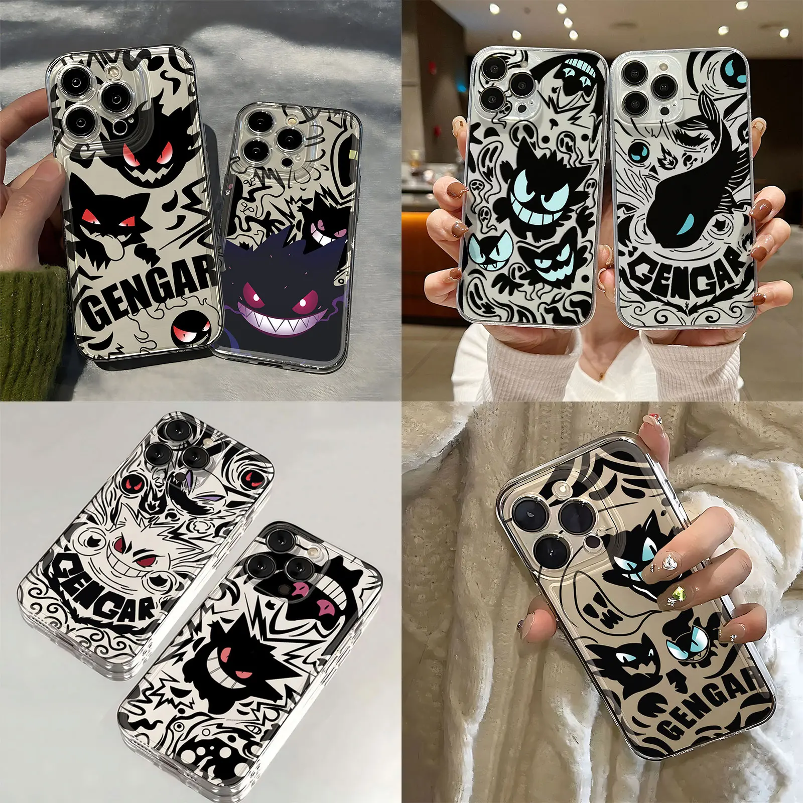 Funda de Pokémon Gengar para iPhone, carcasa transparente, color negro, para modelos 16, 15, 14, 13, 12, 11 Mini Pro Max, X, XR, XSMax, 7, 8 Plus, SE20, novedad