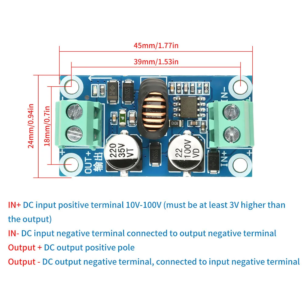 Módulo convertidor reductor DC-DC de 10-100V a 5V/12V/24V, salida de 3A con eficiencia del 93%, baja ondulación y protección contra sobrecalentamiento - imagen 5