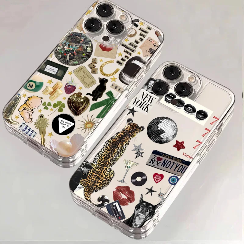 Funda de teléfono transparente de leopardo con bola de discoteca a la moda para iPhone 16 15 14 13 12 11 Pro Max XS X XR 7 8 Plus SE 2022 cubierta de parachoques a prueba de golpes