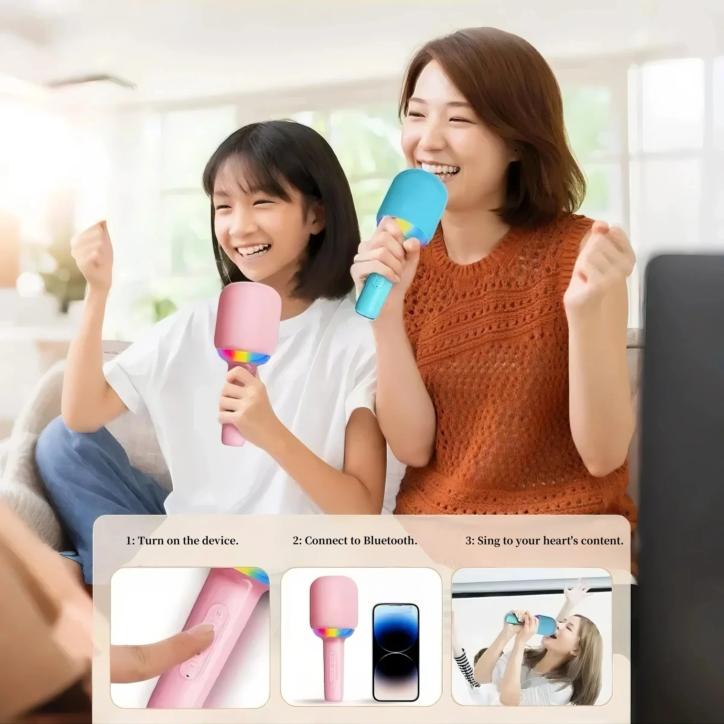 Combo de micrófono con altavoz portátil, luz de ambiente ligera y colorida, cuatro efectos de codificador, ideal para diversión con canto familiar - imagen 2