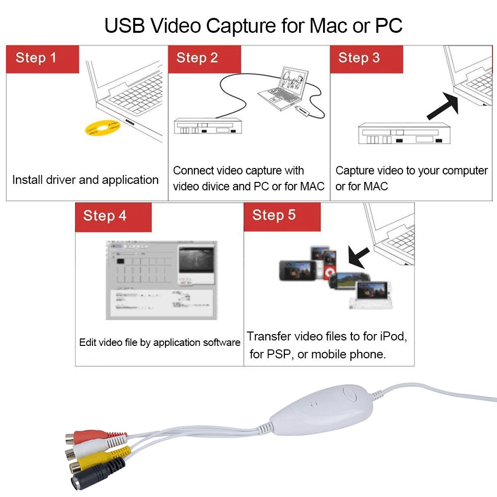 Tarjeta de captura de Audio y vídeo USB 2,0 UVC, grabación de vídeo analógica para reproductor VHS, V8,Hi8, videocámara, cámara antigua para Windows Win7 Win10 MAC - imagen 4
