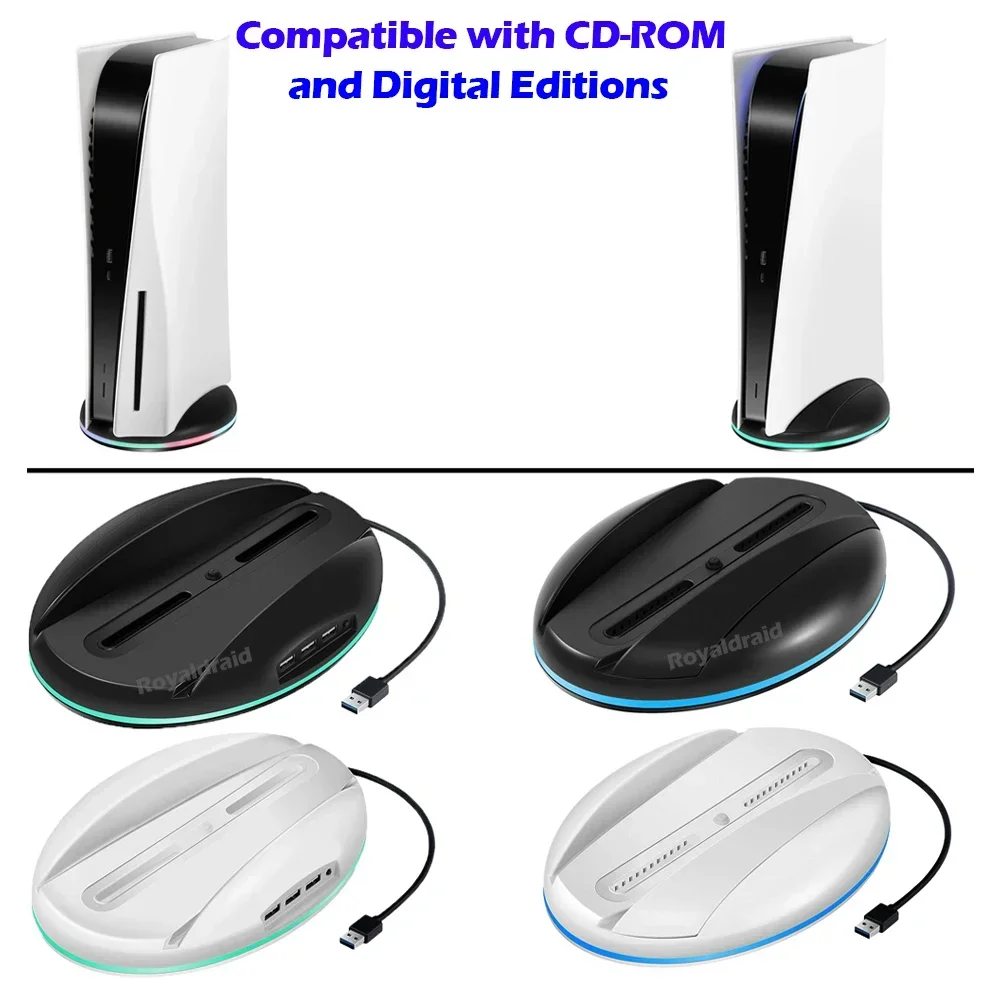 Nuevo para consola de juegos PS5, Base de iluminación Vertical LED RGB, soporte con 3 puertos USB 2,0 para accesorios Playstation 5 PS5 - imagen 5