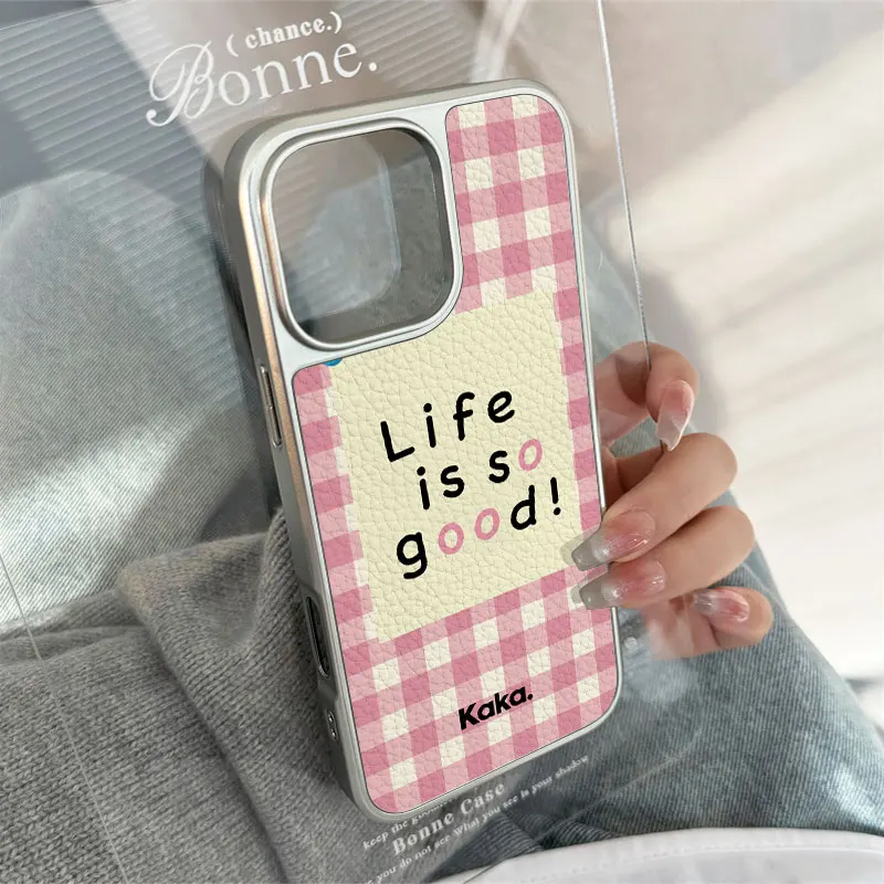 La vida es tan buena textura de cuero TPU Funda de teléfono anticaída para iPhone XR/11/12/13/14/15/16/17 Pro Max