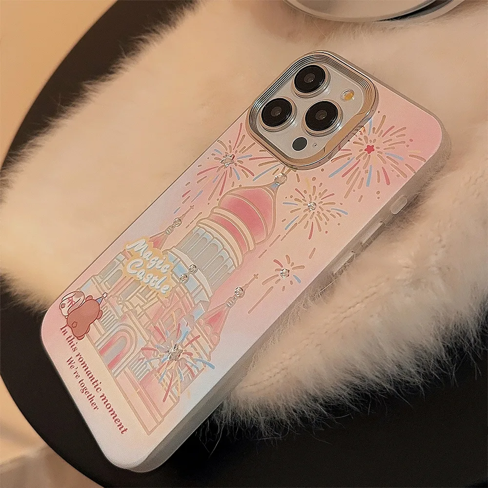 Funda de teléfono con diseño de castillo de fuegos artificiales románticos con cordón para iPhone 16 15 14 11 13 12 Pro Max Plus, funda de teléfono de cuento de hadas de princesa - imagen 2