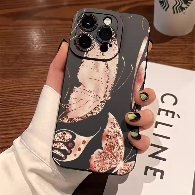 Funda de teléfono con mariposa dorada para iPhone 17 Pro Max Air 16 Plus 15 14 13 12 11 XS X XR 7 8 13 Mini 16E, cubierta de parachoques de TPU a prueba de golpes